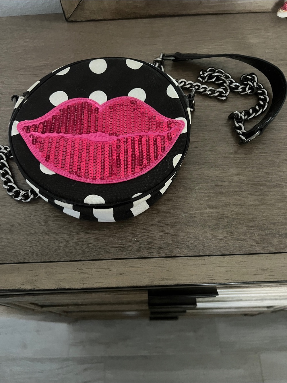 Playful Black & White Polka Dot Round Crossbody with Pink Sequin Lips B Johnson